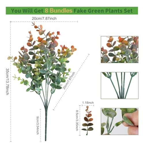 8 Bundles Multi Colored Artificial Eucalyptus Leaves, Plastic Plants, Outdoor Plants, Indoor Decorative Artificial Plants, Porch Window Frames, Green Plant Decorations (8, Grey Orange) - color: Grey Orange