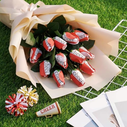 Suhine 12 Pcs Red Cheer Gifts Cheerleader Cheerleading Artificial Rose Flowers Gifts Bulk for Women Cheer Team Sport Game Day Birthday Graduation Party Decorations Favors (Red White, Normal) - color: Red White, size: Normal