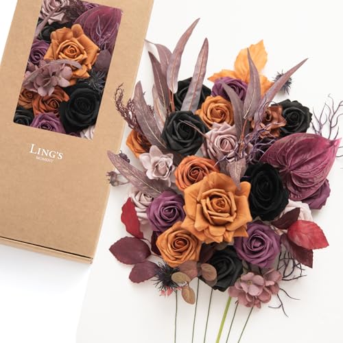 Ling's moment Fake Flowers Box, Faux Artificial Greenery Stems Foam Roses Gardenia Anthurium Silk Willow Eucalyptus Fabic Flower for Centerpieces Bouquet Vase, Black & Orange & Purple, Deluxe Combo - color: Blk-black & Orange & Purple, size: Deluxe