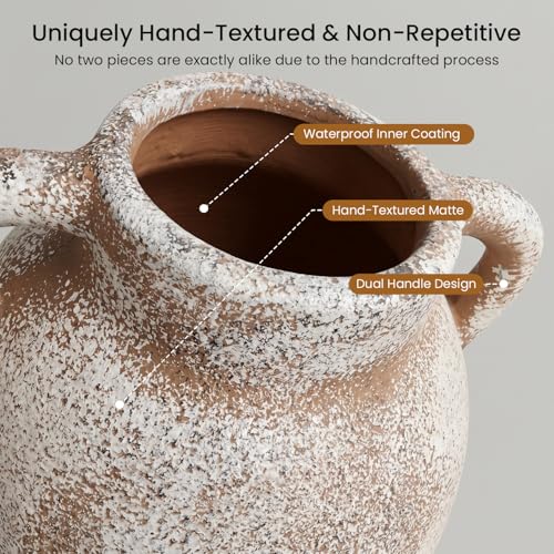 Ceramic Flower Vase, 9.8" Rustic Farmhouse Vase with Glazed Interior, Decorative Pottery Vase for Fresh Flowers, Eucalyptus, Dining Table Centerpiece, Entryway and Mantel Decor - color: Rustic-6.7"l X 6.9"w X 9.8"h