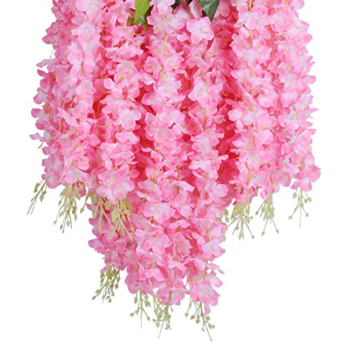 U'Artlines 24 Pack (Total 86.4 Feet) Artificial Fake Wisteria Vine Rattan Hanging Garland Silk Flowers String Home Party Wedding Decor (24, Pink) - color: Pink