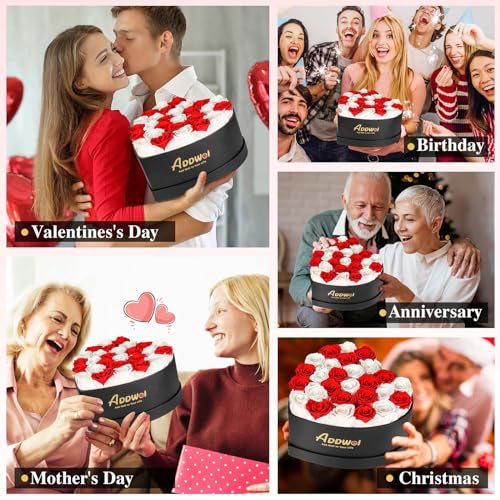 ADDWel Romantic Preserved Roses Bouquet for Her Anniversary, Birthday Flower Gifts for Women, 27-Pieces Eternal Roses with Natural Fragrance in Heart-Shape Box for Wife Girlfriend Mom - color: Red & White - 27 Roses