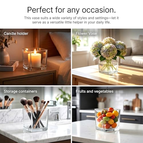 6 Pack Square Glass Vases 5"x 5" x 5", Plant Terrarium, Floating Candle Holder, Clear Bulk Flower Vases for Centerpieces,Wedding Party, Office Decorations, Home Décor, Events - size: 5"-6Pack