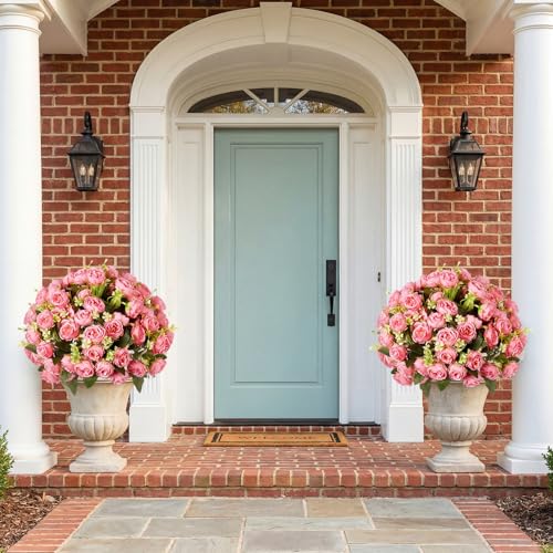 Yunlly 2 Set Artificial Boxwood Topiary Ball Trees with Rose Flowers 19.7'' UV Resistant Faux Greenery Shrubs Bushes with Ground Spike for Wedding Indoor Outdoor Front Porch Decor(Dark Pink) - color: Dark Pink