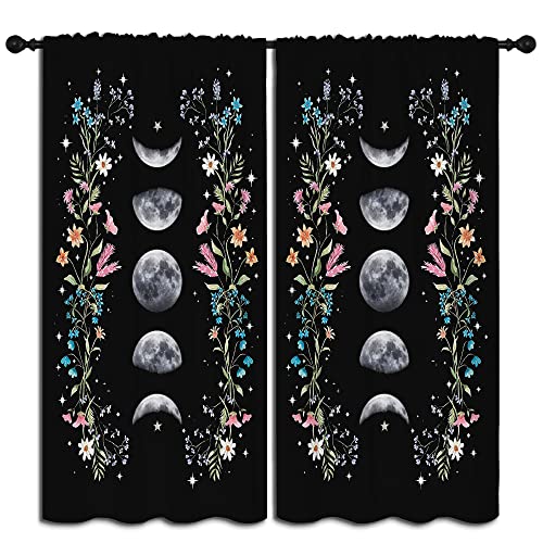 Boho Floral Wildflower Rod Pocket Blackout Curtains for Boy Girl Bedroom,Moon Phase Moonlit Garden Witchy Gothic Aesthetic Energy Efficient Home Window Drapes for Living Room Noise Reducing,55x63in - color: Boho Floral Wildflower-002, size: 55"W x 63"L (P