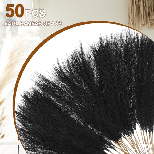 uxcell 50 Pcs Faux Pampas Grass 52cm/20.5" Artificial Fake Dried Pampas Grass Decor with Stem for Floor Vase Filler, Wedding Decoration, Home Decoration, Black - color: Black