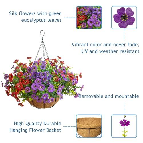 Artificial Hanging Flowers for Outdoors with Basket,UV Resistant Realistic Fake Hanging Flowers Faux Hanging Plants Outdoor for Yard Porch Patio Garden Home Decoration,12 Bundles(6,Red,Purple) - color: Purple+red