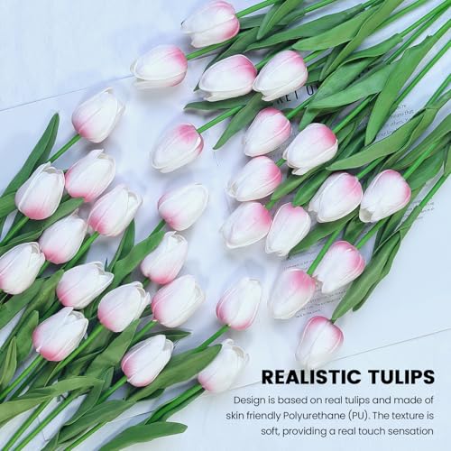 30 PCS Artificial Tulips Real Touch Tulips 13.5inch Long Stem Fake Flowers Silk Flowers for Spring Easter Mother's Day Decorations (White×Pink) - color: White×pink