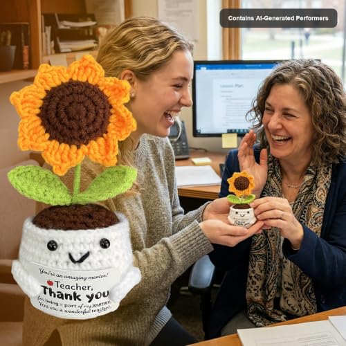 Teacher Appreciation Gifts - Handmade Crochet Sunflower in Smiling Pot with Thank You Card, Positive Desk Decor, End of Year Birthday Gift for Mentor Coworker Women - color: Thank You Teacher