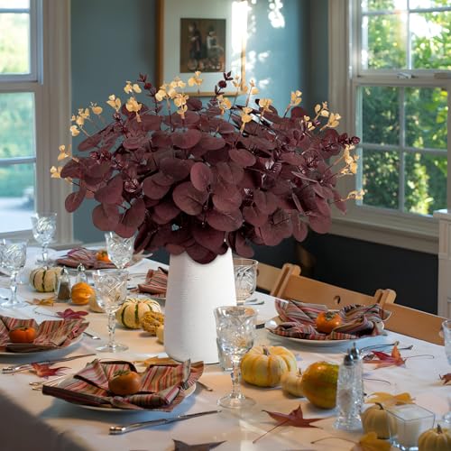 Yen Jean 20PCS Dark Wine Red Halloween Eucalyptus Stems Artificial Fake Flowers Bulk Decorations, Burgundy Branches for Indoor Table Centerpieces Party Supplies - style: Dark Red Wine