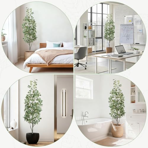 6FT Artificial Eucalyptus Tree with Wicker Basket & Black Pot, Indoor Green Faux Eucalyptus Trees, Fake Eucalyptus Plants with Lifelike Leaves & Natural Trunk for Home Office Bedroom, 1 Pack - color: Eucalyptus Green (Basket), size: 6ft