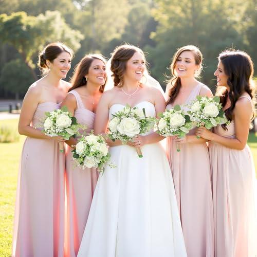Bridesmaids Bouquets Set of 6 Ivory White Artificial Flowers 7 Inch Bridesmaid Bouquet Wedding Pre-Made Rustic Rose Small Floral Bouquets for Bridal Shower Marriage Proposal Party Anniversary Decor - color: Ivory White, size: 6pcs