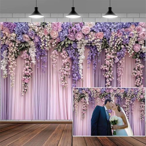 5x4ft Purple Flower Wedding Photography Backdrop Lavender Floral Wedding Bridal Photography Backdrop Anniversary Birthday Baby Shower Girl Party Banner Photo Booth Props Background Wall Decor - color: Multi2, size: 5X4FT