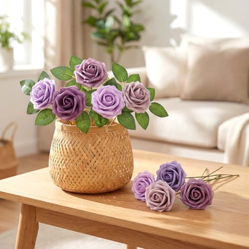 100 Pcs Artificial Foam Rose Flower Faux Bouquet Wedding Fake Rose Gift for Mother's Day Women DIY Bridal Shower Party Table Birthday Home Spring Decor (Gradient Light Purple) - color: Gradient Light Purple