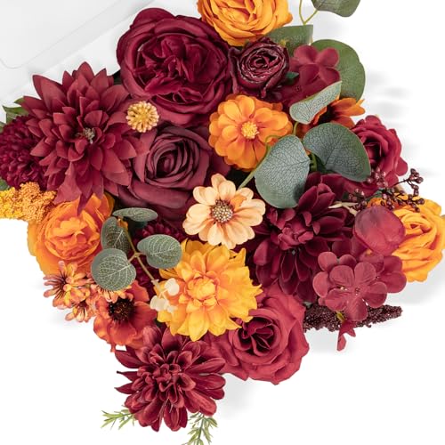 TINGE TIME Silk Fake Flowers Combo, Fake Foam Dahlia with Stems for DIY Wedding Bouquets Centerpieces Baby Shower Party Home Decorations(Burgundy & Burnt Orange) - color: Burgundy & Burnt Orange