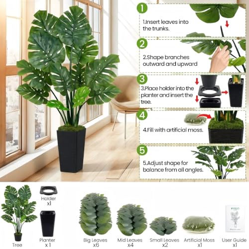 UPBUD Artificial Monstera Deliciosa Plant, 5FT Fake Tree with Real Touch Green Leaves & Black Square Pot, 60in Tall Faux Floor Trees Fake Plants for Indoor Outdoor Porch Living Room Decor - color: Green Leaves Black Planter