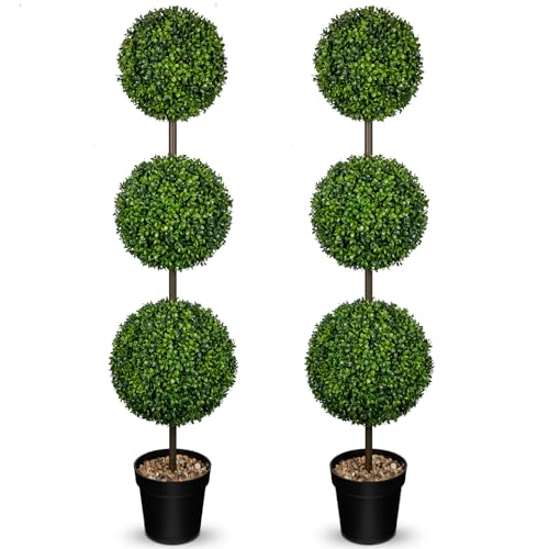 4.1FT Large Triple Ball Topiary Trees Artificial Outdoor Trees for Porch UV Resistant Pre-Potted Shrubs Boxwood Topiary,Large Fake Topiary for Home,Garden Decor (8.3"/9"/11" W.) Set of 2 - color: 4 Ft