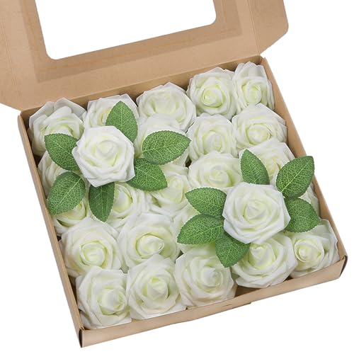 Artificial Flowers 25 Pack Ivory Ivory White Faux Foam Roses with Stems, Real Looking Fake Rose for DIY Wedding Bouquets, Bridal Shower Centerpieces, Party Table Decorations, Home Decor - color: Ivory White, size: 25Pcs