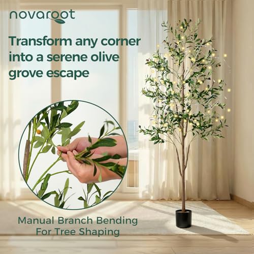Olive Tree, 6FT Tall Faux Olive Tree with Lights Moss and Planter, Olive Trees Artificial Indoor with Realistic Wood Trunk and Lifelike Fruits, Fake Olive Tree for Home Office Living Room Decor