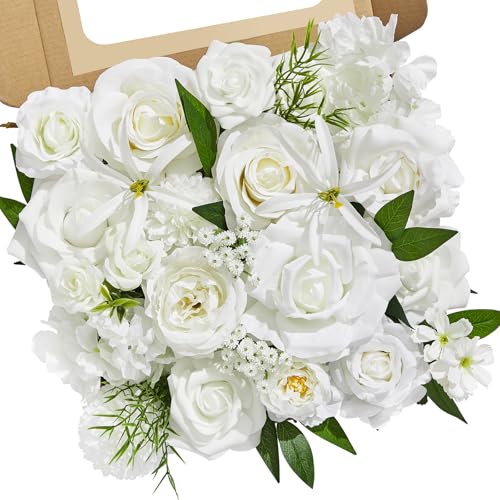 Serwalin White Flowers Artificial, Fake Roses Flowers for Wedding Cake Decoration, Silk Flowers for Wedding Bouquets Baby Shower Centerpieces Floral Arrangements Party Decor - color: A Blooming Bright White, size: 1 Box