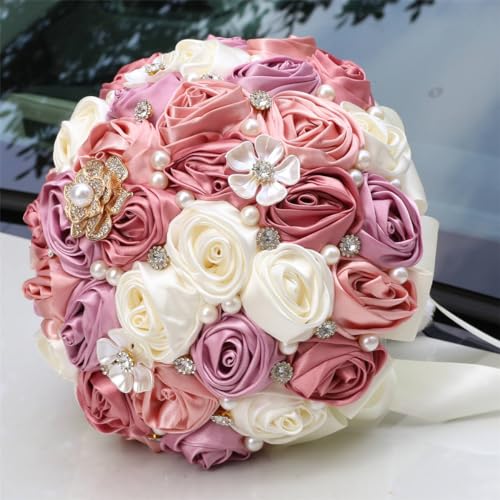 MaxxCloud 9.4‘’ Handmade Romantic Toss Bouquet for Bride Stunning Bridesmaid Brooch Wedding Bouquet with Jewelry Petals 3 Pink and Ivory - color: 3 Pink+ivory, size: 9.4''/24cm