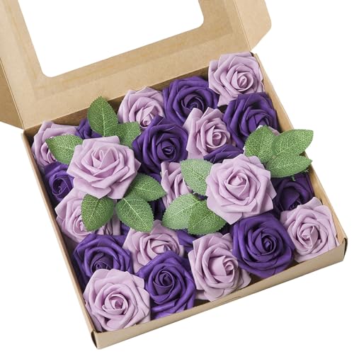 Artificial Flowers 50pcs Real Looking Purple Lilac Foam Fake Roses with Stems for DIY Wedding Bouquets Bridal Shower Centerpieces Floral Arrangements Home Decorations - color: Purple & Lilac, size: 50Pcs