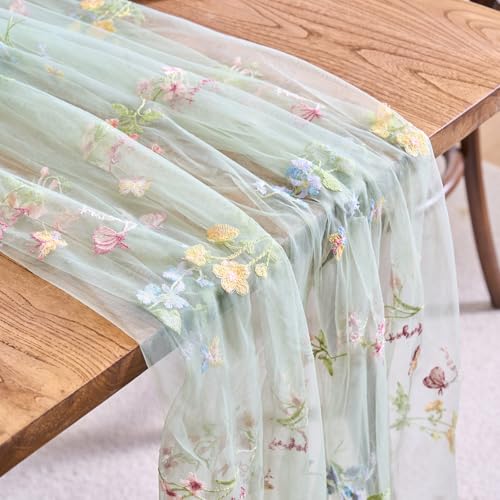 vctops 2 Packs Embroidery Lace Fall Table Runner 10ft Floral Garden Seasonal Tulle Table Runner Holiday Kitchen Dining Table Decoration for Wedding Party Baby Shower Birthday (Sage Green,30"x120") - color: Sage Green