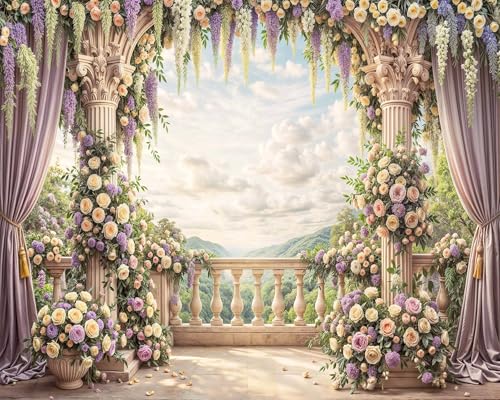 6 x 4 ft Purple Floral Backdrop Rome Garden Balcony Arch Retro Flowers Photography Backdrops Wedding Birthday Party Decorations Baby Bridal Shower Portrait Photo Background Studio Props Wall Decor - color: Multi01, size: 6X4FT