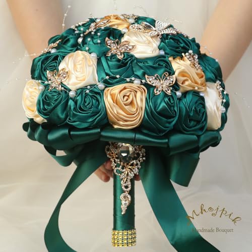 Handmade Wedding Flowers Bouquet Round Holding Bridal Bouquet Artificial Satin Roses Bunch for Bride Bridesmaid Wedding Quinceanera - color: Dark Green, Cream & Light Gold, size: Medium (Dia. 8.7"/22cm)