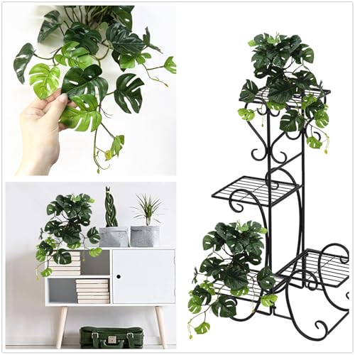 Artificial Monstera Small Faux Potted Mini Hanging Vine Fake Tropical Palm Plants Ivy Greenery for Indoor Outdoor Kitchen Decor Bathroom Office Shelf Table Pot Windowsill DIY Decoration - Green 1 Pack - color: Small Monstera Plant / Green / 1 Pack