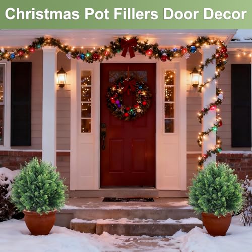 Artificial Cedar Christmas Topiary Ball Trees with Ground Spike, 2 Pack UV Resistant Artificial Shrubs Bushes, Fake Plants for Outdoor Front Porch Garden Decor - color: 2 Pack 23" Cedar