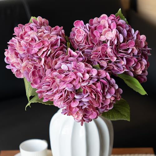 DUYONE 22" Real Soft Touch Hydrangea Artificial Flowers Realistic,Large Long Stem Fake Flowers Full Latex Faux,Wedding Bouquet,Party Home Decor,Garden Office Room Table Centerpieces Magenta 3Pcs - color: Magenta, size: 3Pcs