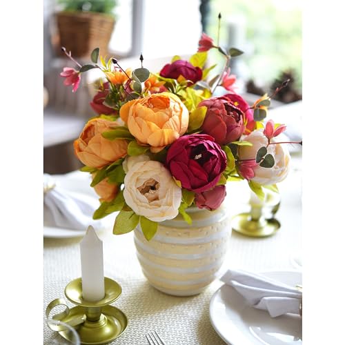 FiveSeasonStuff Sunset Whisper Artificial Peony & Hydrangea Bouquets, 2 Silk Flower Bundles with 2 Gold Taper Candle Holders, Cream Apricot & Berry Red Centerpiece for Home & Wedding Tables - color: Sunset Whisper