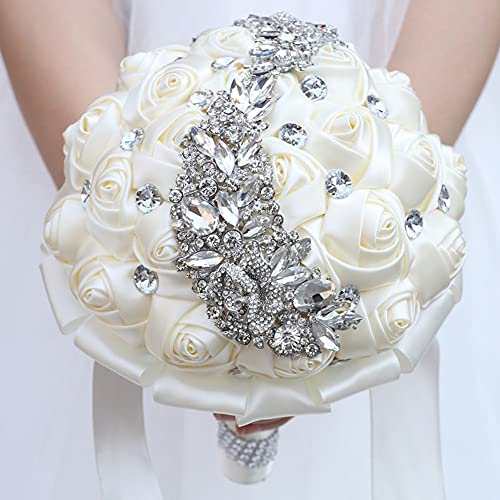Wedding Bouquets for Bride Bridesmaid Brooch Bouquet Handmade Artificial Rose Flower Tossing Bouquet for Wedding Ceremony Anniversary(Ivory,15cm) - color: Ivory, size: 5.9''/15cm