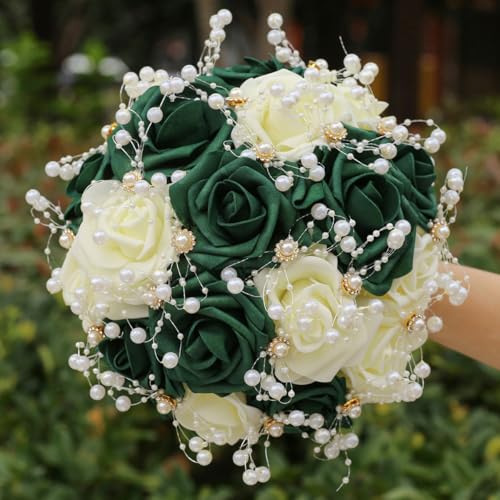 Round Green Ivory Artificial PE Rose Bouquet with Pearl and Rhinestone for Bridal Toss and Bridesmaids Suit for Wedding Party - color: Green Pearls