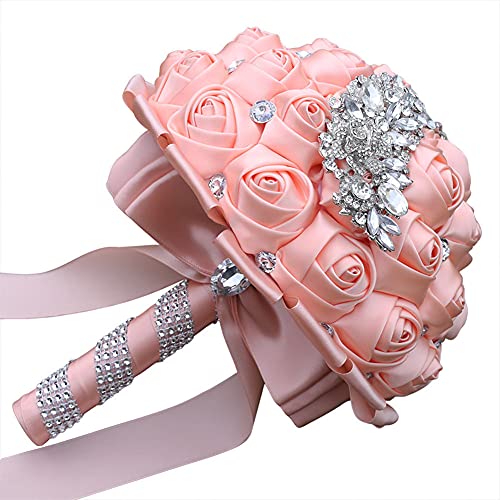 XINNI Handmade Bridal Wedding Bouquet Bride Bridesmaid Satin Rose Flower Bouquet with Meteor Shower Shape Rhinestone Wedding Decoration Shell Pink - color: Shell Pink