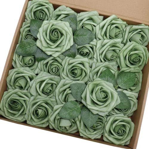 Artificial Flowers 50PCS Real Looking Elf Green Roses Fake Roses with Stem for DIY Wedding Bouquets Centerpieces Party Baby Shower Home Decorations - color: Elf Green, size: 3"/50pcs