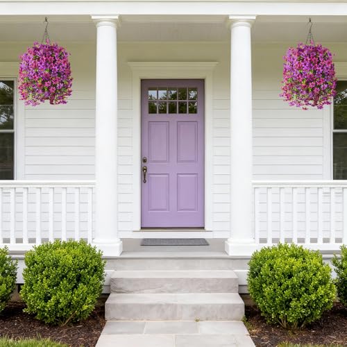 Artificial Hanging Baskets Outdoor, 4 Bundles Artificial Hanging Flowers Outdoors Spring Summer Decoration, No Fade Realistic Fake Hanging Baskets for Porch Patio Balcony Home Yard Decor - color: Light Purple Red