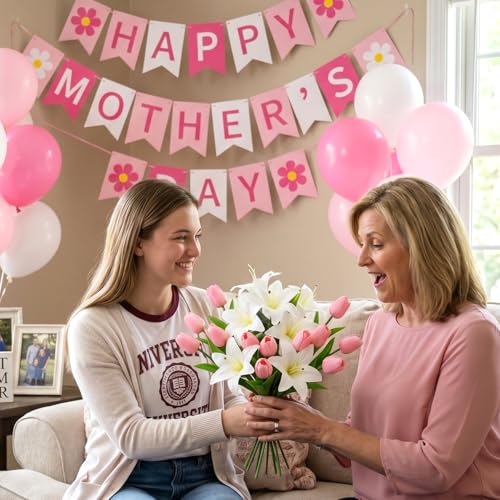 Giegxin 18 Pcs Artificial White Lilies with Pink Tulips, Latex Fake Tiger Lily Bouquet for Spring Home Church Wedding Decorations, Faux Tulips Floral Arrangement - color: White, Pink, style: Lily, Tulips