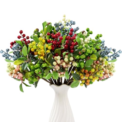 SHACOS 20 PCS Artificial Berry Stems Assorted Mixed Color, Fake Berries Branches Spray with Green Leaves 9.8 inch Small Berry Picks for Floral Crafts Centerpiece Bouquet Filler Home Wedding Decor - color: Mix, size: 20 PCS