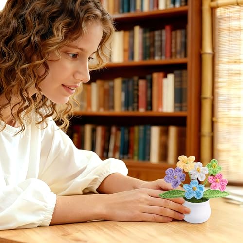 Crochet Flowers Handmade Knitted Potted Flower for Mom, Crochet Gifts for Daughter Friends Women Party Favors Teacher Thank You Appreciation Gift, Cute Desk Home Room Office Decor Accessories - color: Colorful