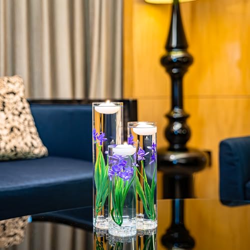 Floating Flower for Table Centerpiece Artificial Purple Orchid Glass Cylinder Vase Set with Floating Candles Fake Ice Cubes for Wedding Party Home Bar Restaurant Festival Decoration - color: Purple 2