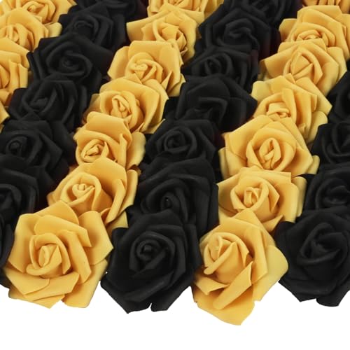 Black and Gold Roses Artificial Flowers100pcs Foam Roses Flower Heads 3inch Stemless Fake Flowers Bulk for DIY Crafts,Baby Shower Centerpieces Wedding Home Party Decor (Black,Gold) - color: Black,gold