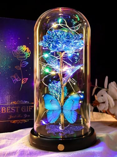 Gifts for Mom Birthday Gifts for Women Blue Rose Eternal Flower USB Light Up Rose in Glass Dome Anniversary Flowers for Delivery Prime Galaxy Crystal Flowers Gifts for Mom Women Wife Grandma - color: Usb-blue