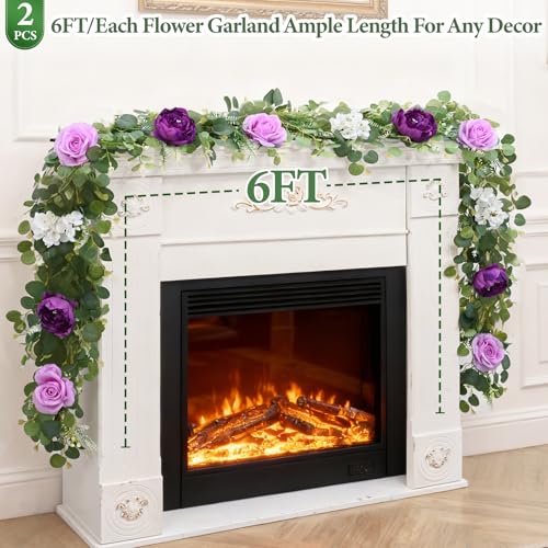 Livole 6FT Artificial Flower Garland Real Touch Fake Purple Floral Rose Peony Garland with Eucalyptus Flower Hanging Vine for Wedding Table Centerpieces Backdrop Party Arch Home Decorations - color: Purple, size: 1 Pc