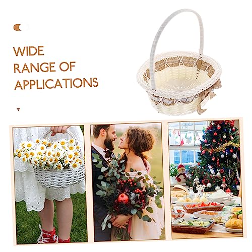 Flower Girl Basket for Wedding Rustic Handle Basket with Lace Design Hand-Woven Imitation Rattan Petal Holder for Ceremony Party Decor Photo Prop 8.26 X 7.08 X 7.08 in 1 Pc
