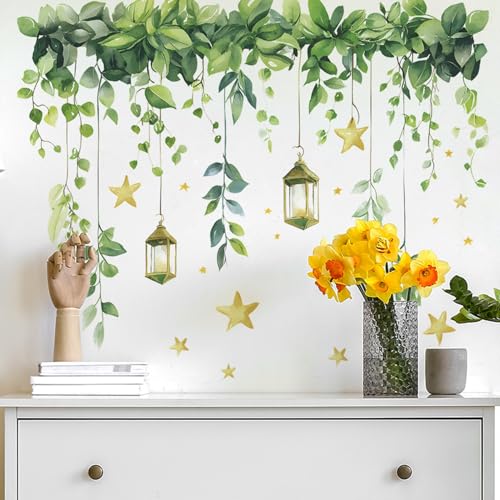 Green Plants Leaves Wall Decals Removable Hanging Vines Wall Stickers Peel and Stick Vinyl Waterproof Wall Decor for Bedroom Living Room Bathroom Classroom Decorations - style: Green Plants