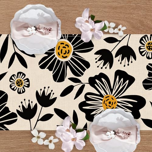 Vintage Flowers Dining Table Runner, Black White Retro Floral Burlap Kitchen Decoration, Spring Summer Rustic Indoor Outdoor Home Decor Party Supply 13 x 72 Inches - color: Vintage Flowers, size: Table Runner 13''X72''