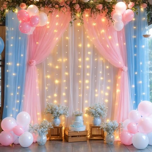 Pink Blue Sheer Tulle Backdrop Curtains with Lights String for Gender Reveal Baby Shower Decorations for Boy or Girl Birthday Party Photo Shoot Backdrop Background Decorations 2 Panels 5×8ft - color: Pink and Blue, size: 10 ft X 8 ft(2 Panels 5ft X 8ft)