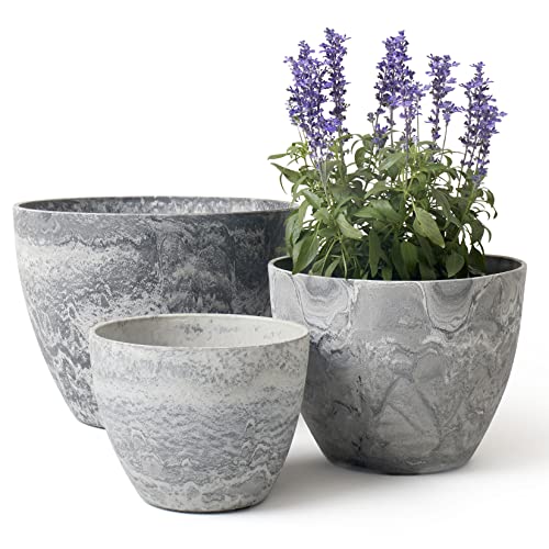 LA JOLIE MUSE 14.2/11.3/8.6 Inch Round Planter,Indoor/Outdoor Large Planters Set of 3,Grey Plant Container with Drain Holes,Tree Flower Plant Pots for Patio and Deck